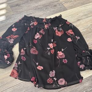 CeCe Black Floral Off-Shoulder Blouse